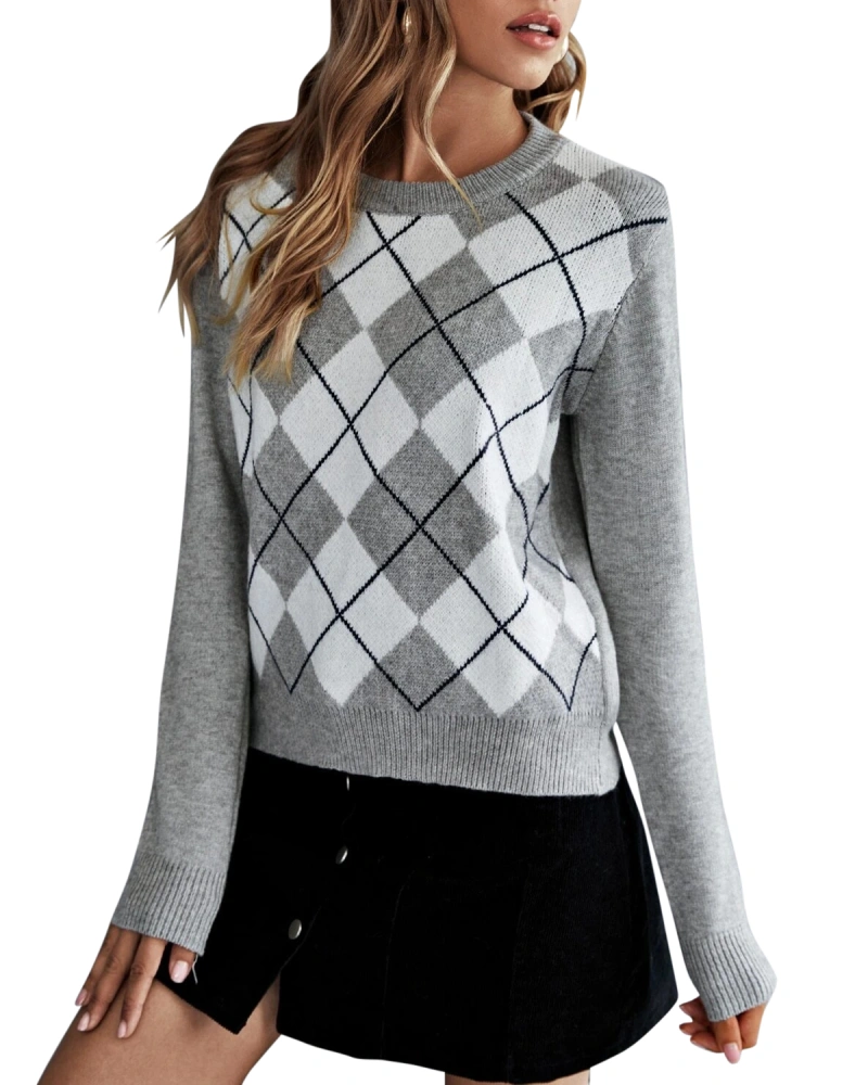 Women's Argyle Pattern Round Neck Sweater Teenage Girl Casual Long Sleeve Color Block Pullover Knit Tops