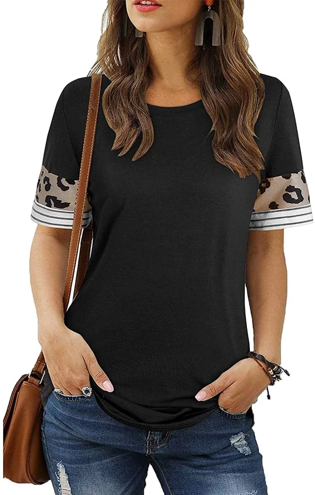 Womens Short Sleeve Leopard Print T Shirts Crewneck Casual Loose Plus Size Basic Summer Tops