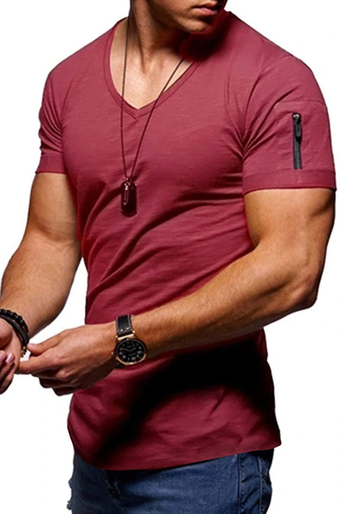 Veatzaer Mens Short Sleeve Zipper V Neck Solid Color T-Shirt Casual Workout Slim Cotton Top Tee