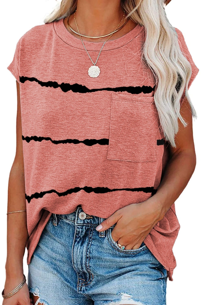 Lveberw Women's Crew Neck T Shirt Color Block Summer Loose Casual Basic Tops Tunic with Pocket