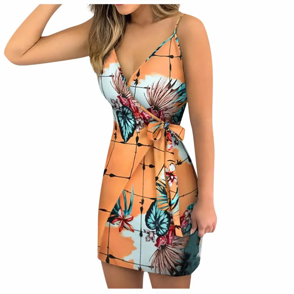 Juybenmu Women's Sling Dress Lace-up Waist Floral Printed Mini Skirt Pencil Dress