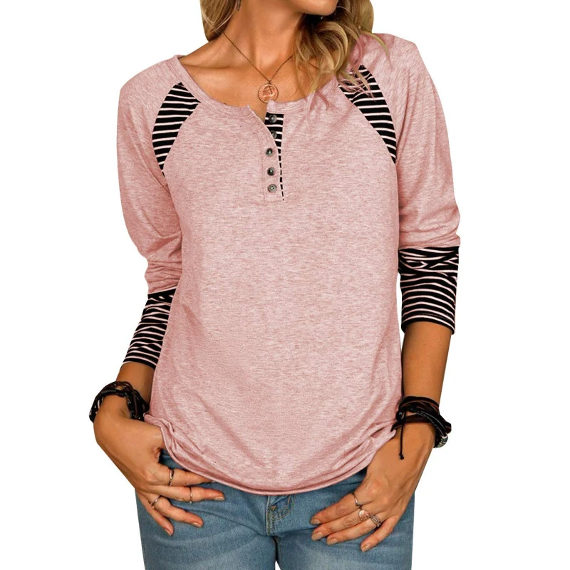 Womens Tops Casual V Neck Tunic Tops Striped Button Pullover Sweatshirt Henley Shirts Tee