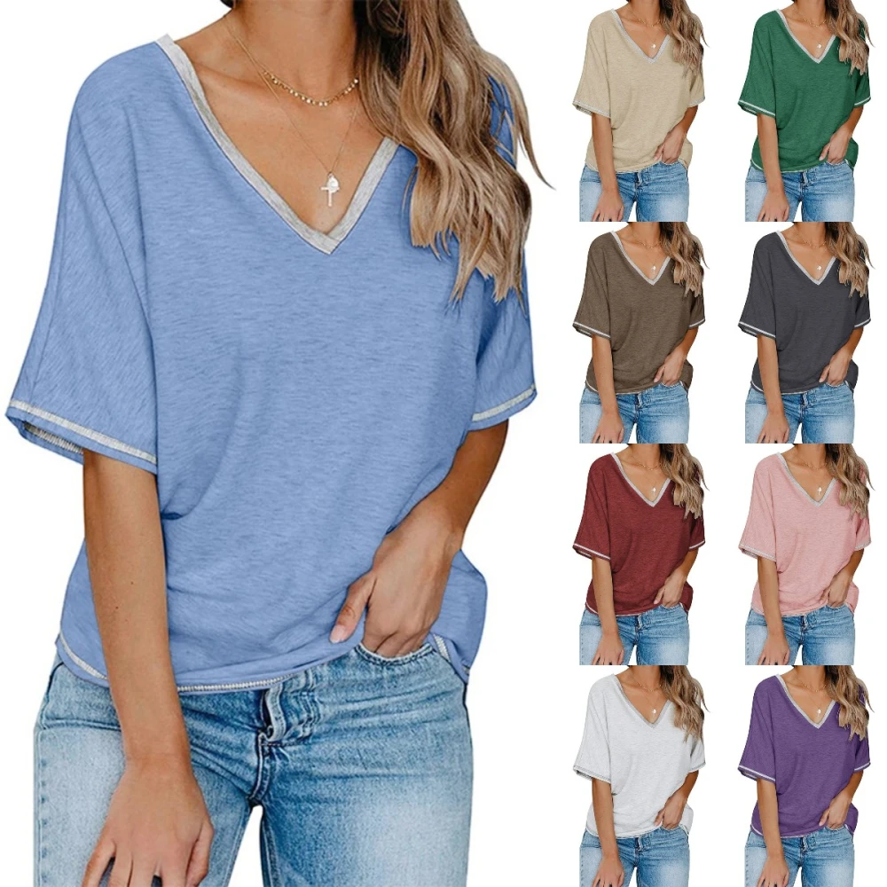 Aoysky Womens Casual T Shirt Summer Loose Short Sleeve V Neck Solid Tops Blouse