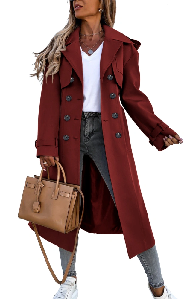 Fisoew Women's Double Breasted Long Trench Coat Windproof Classic Lapel Belted Overcoat with Pockets