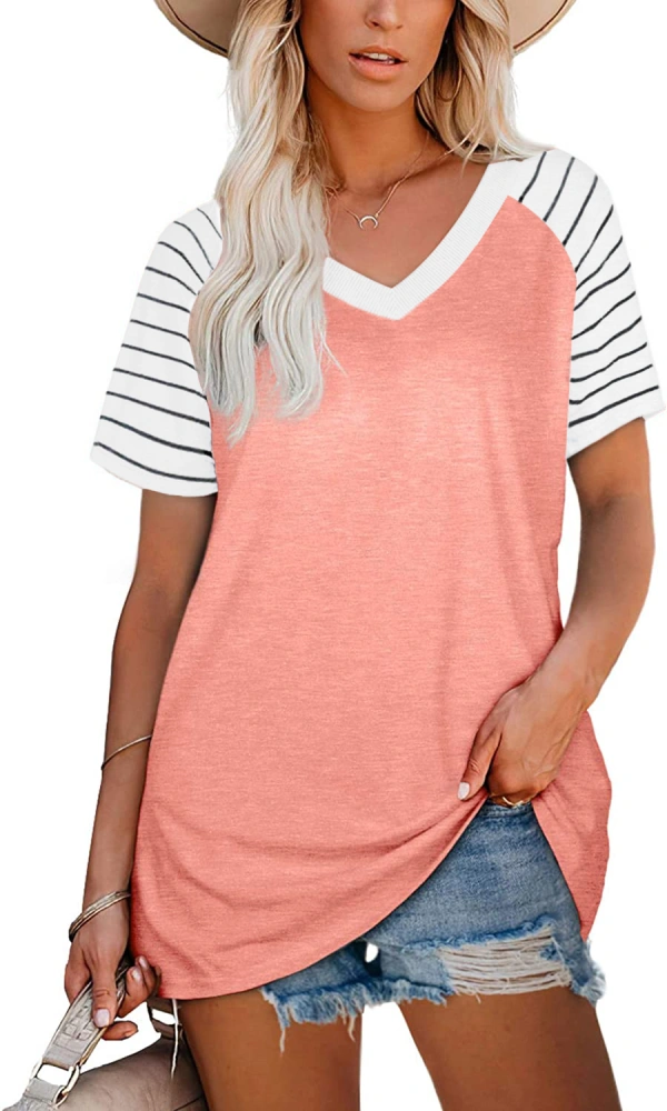 Womens Short Sleeve V Neck T Shirts Striped Raglan Tee Shirts Loose Fit Casual Tops