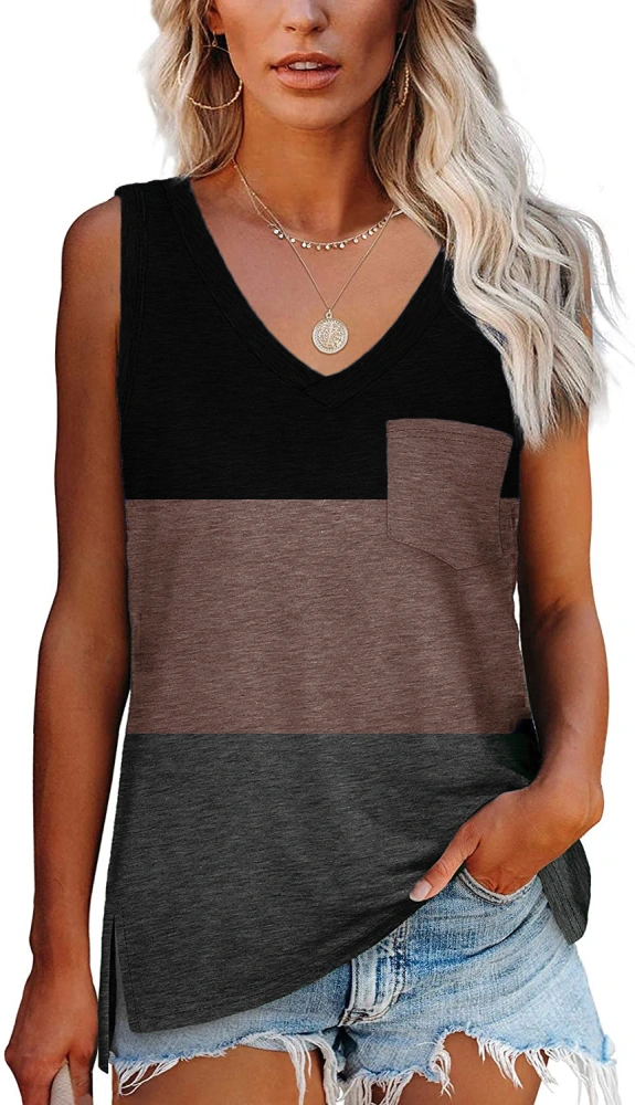 Women's V Neck Tank Tops Sleeveless Tunic Shirts Side Split Loose Fit Tops with Pocket