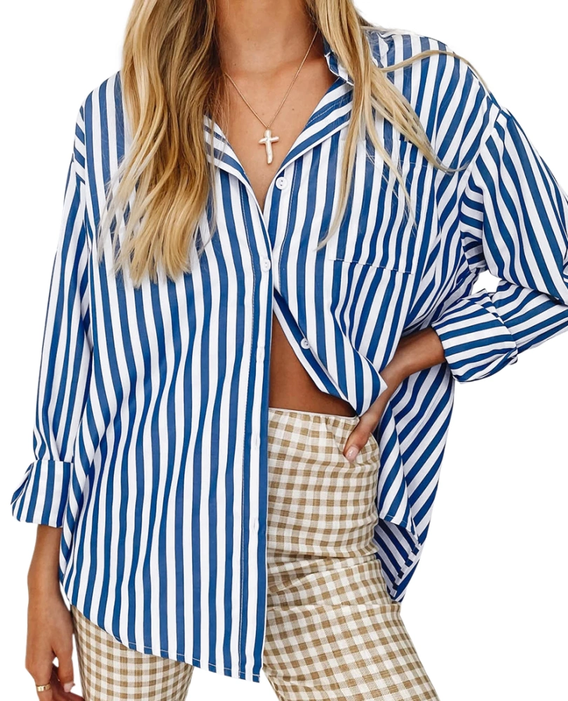 thefabland Women's Blouses Striped Long Sleeve Shirts Button Down Loose Fit Casual Tops