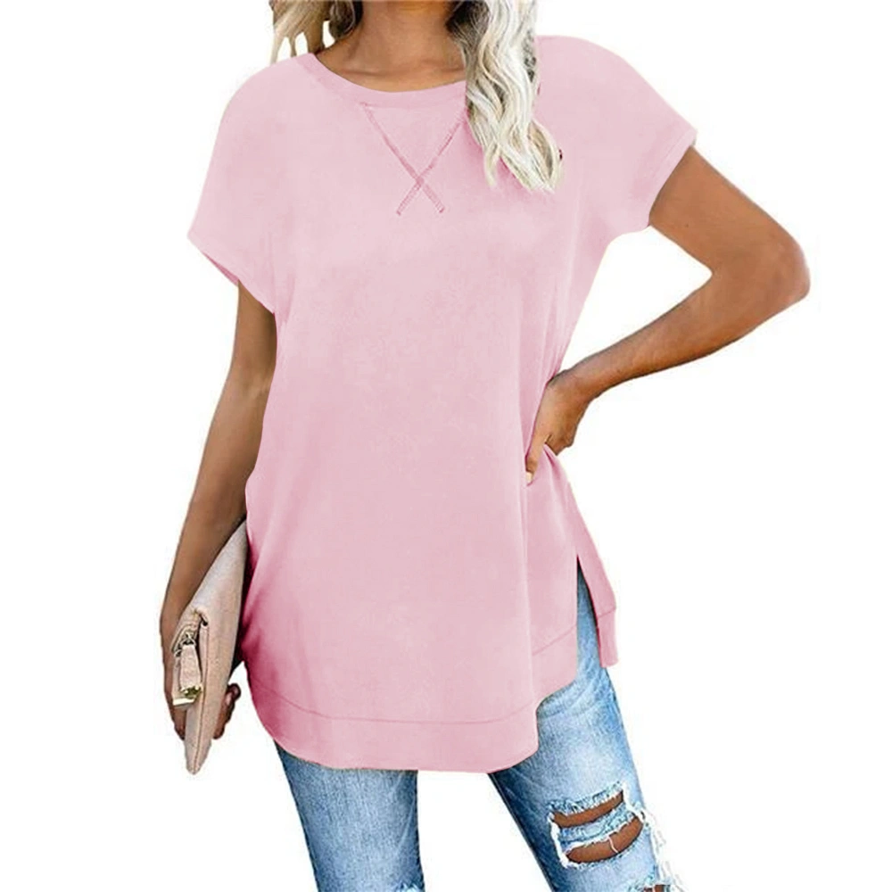 Zeraly Women's Round Neck Solid Color T-Shirt Side Slit Casual Short-Sleeved Summer Sports Tunic Top