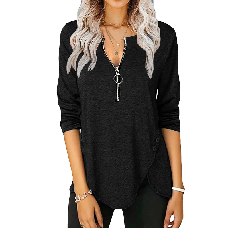 Womens Casual Long Sleeve Tunic Shirts Round Neck Button Side Blouses Tops