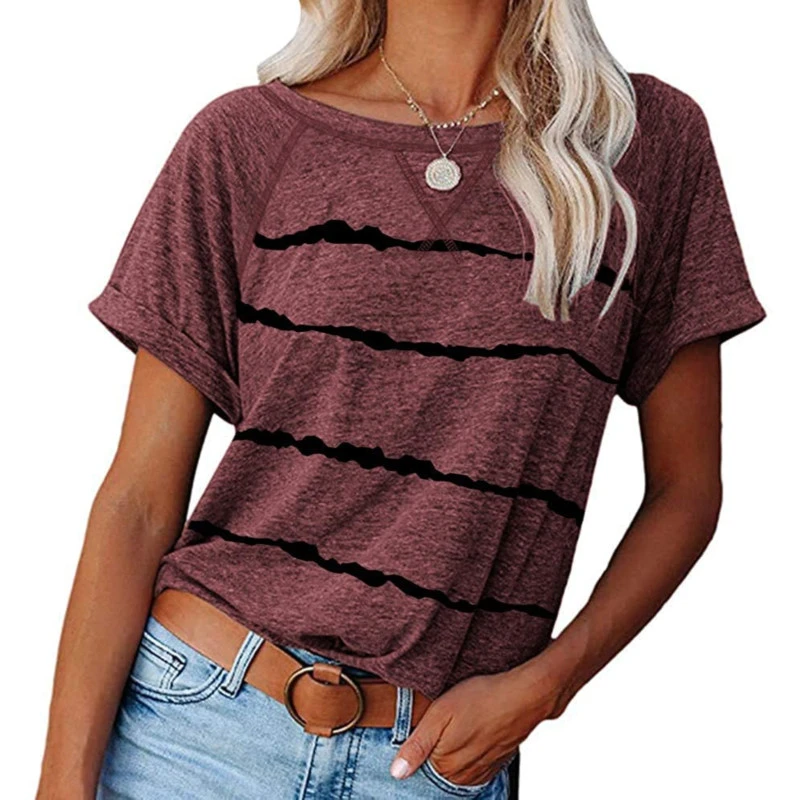 Womens Short Sleeve Raglan T Shirts Tees Loose Fit Crewneck Striped Color Block Casual Tops