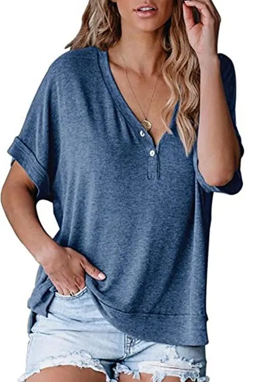 Veatzaer Womens V-Neck Button Short Sleeve Pullover T-Shirt Loose Fit Shirts Casual Tops