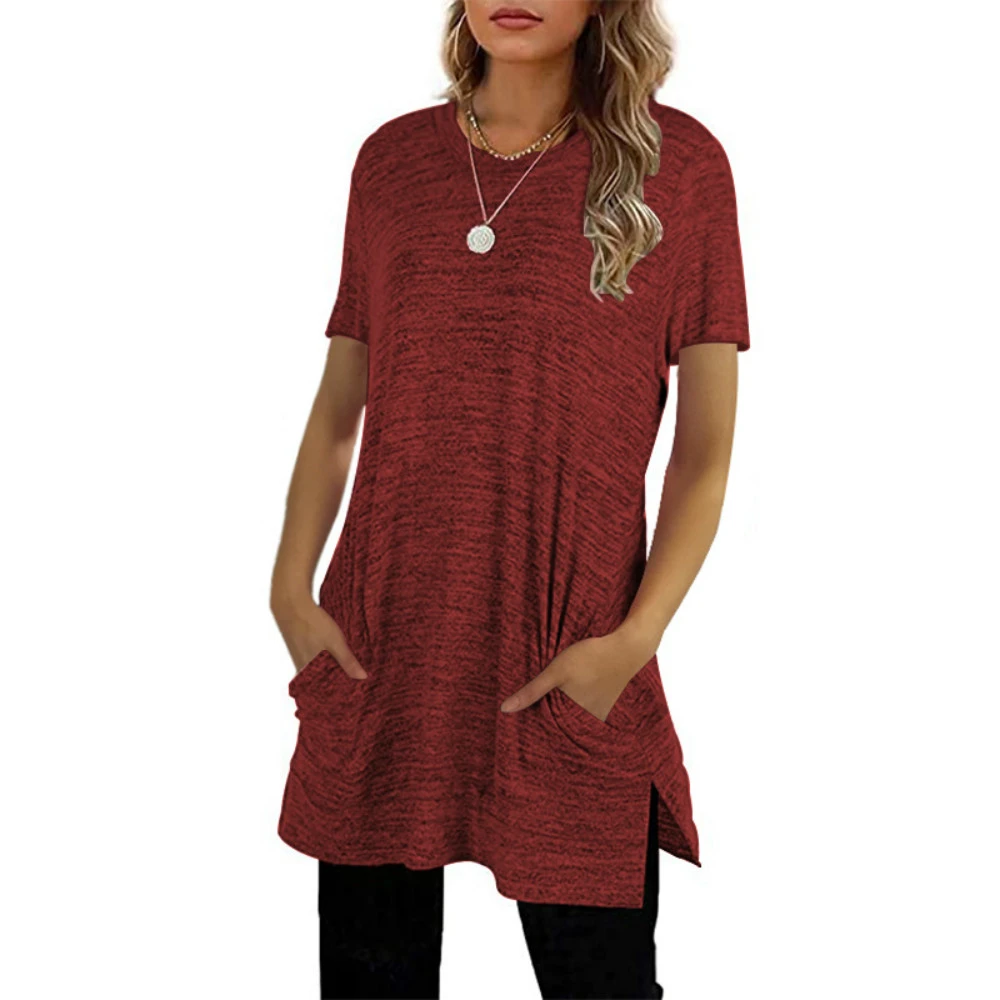 Womens Short Sleeve Crewneck Tunic Tops Summer Casual Side Split T Shirts with Pocket