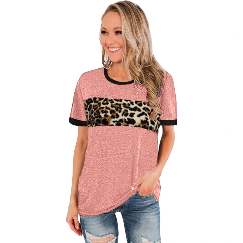 Aoysky Womens Short Sleeve Shirt Colorblock Leopard Casual Crewneck Tunic Tops Shirts