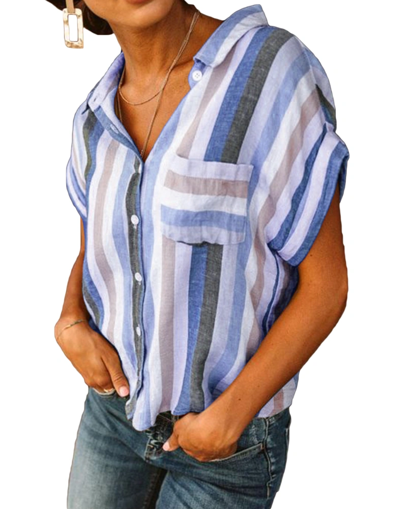 Womens Button Down Stripe Shirts Summer V Neck Short Sleeve Collared Casual Blouses Tops