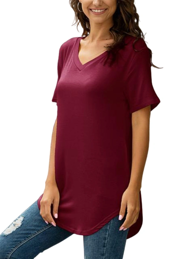 BZB Women Curved Hem Casual Short Sleeve V-Neck Basic T-Shirt Solid Color Cover Hips Tunic Side Slit Blouse Top