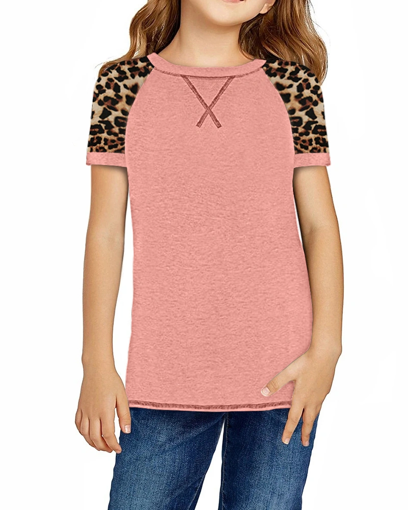 BZB Girls Leopard Patchwork Short Sleeve Tops Summer Casual Loose Round Neck Raglan T-Shirt