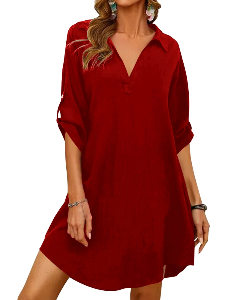 BZB Women's Summer V Neck Half Sleeve Tunic Collar Casual Solid Knee-Length Shift Mini Dress Tops