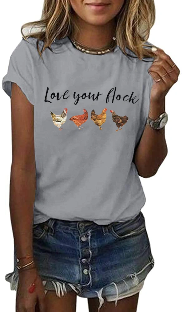 Love Your Flock Shirt Women's Cute Chicken Graphic Tees Crewneck Letter Print Short Sleeves Casual Tops