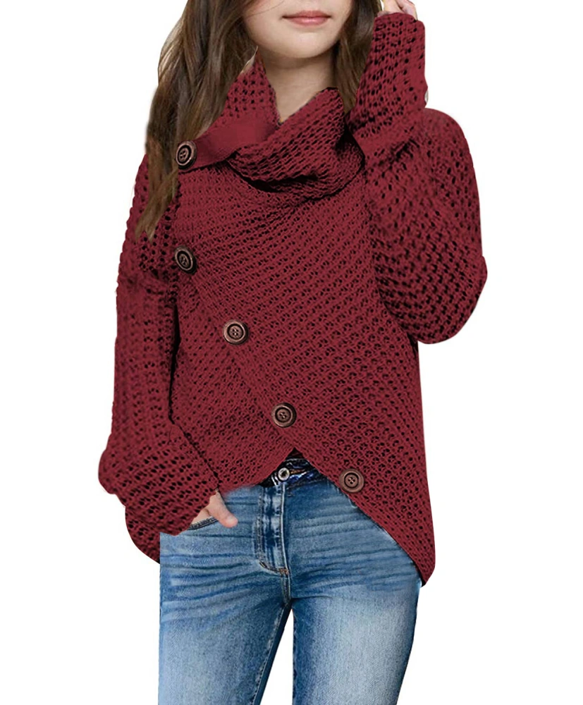 Haloumoning Girls Sweaters Button Turtle Cowl Neck Asymmetric Hem Wrap Pullover Sweaters for Girls