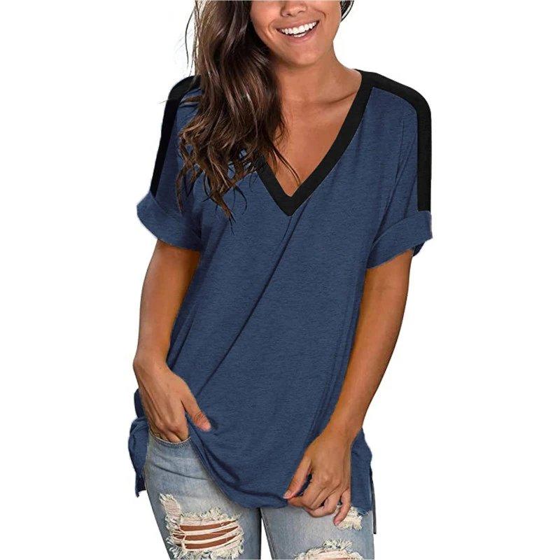 Womens Summer Short Sleeve V Neck Loose Casual T Shirts Side Split Basic Tunic Blouses Tops