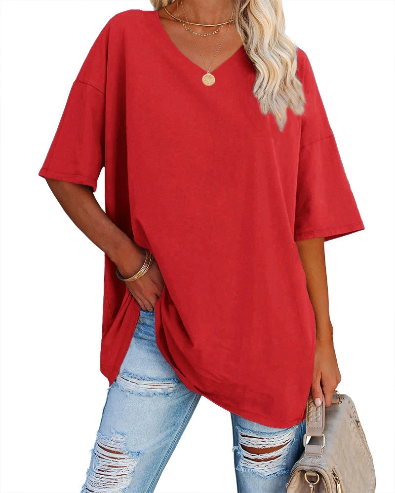 Ebifin Women's Oversized T Shirts Tees Half Sleeve V Neck Comfy Cozy Cotton Tunic Tops