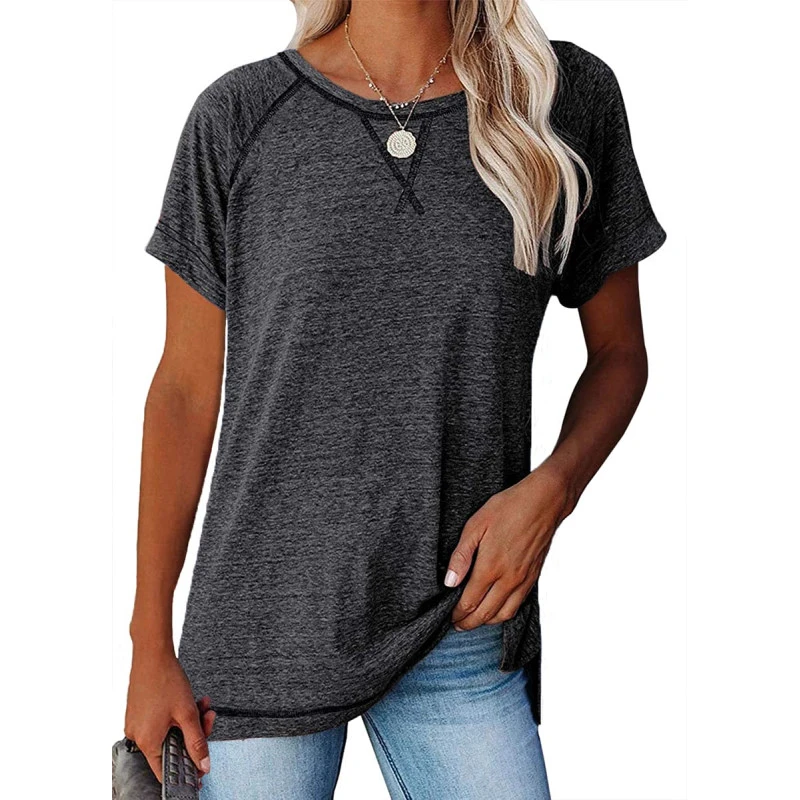 Tops for Women Women's Casual Short Sleeve Blouses Crew Neck Raglan Tops Side Split Summer Tunic Oversized T Shirts