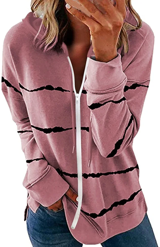 Womens Tie Dye Zip Up Hoodies Coats Long Sleeve Striped Printed Drawstring Sweatshirts Loose Fit Side Slit Jackets Tops