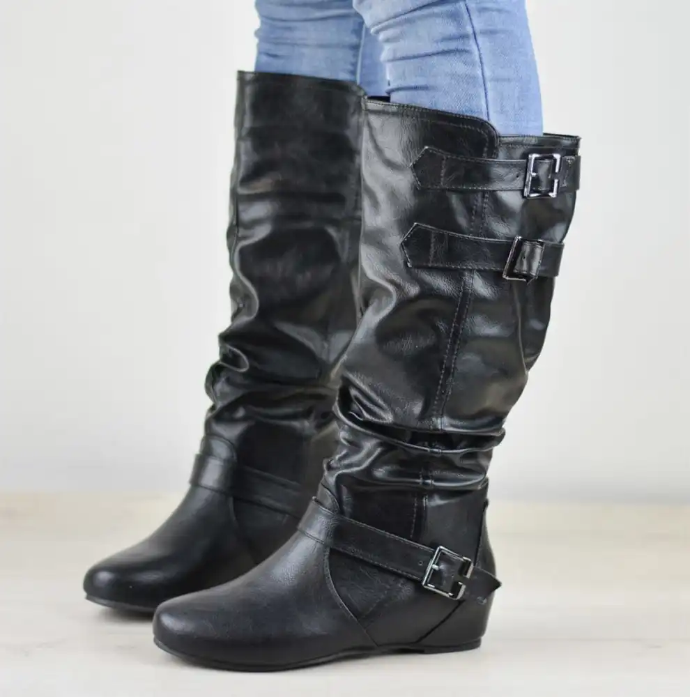 Syktkmx Womens Slouchy Flat Knee High Boots Wide Calf Pull On Fall Winter Motorcycle Boots