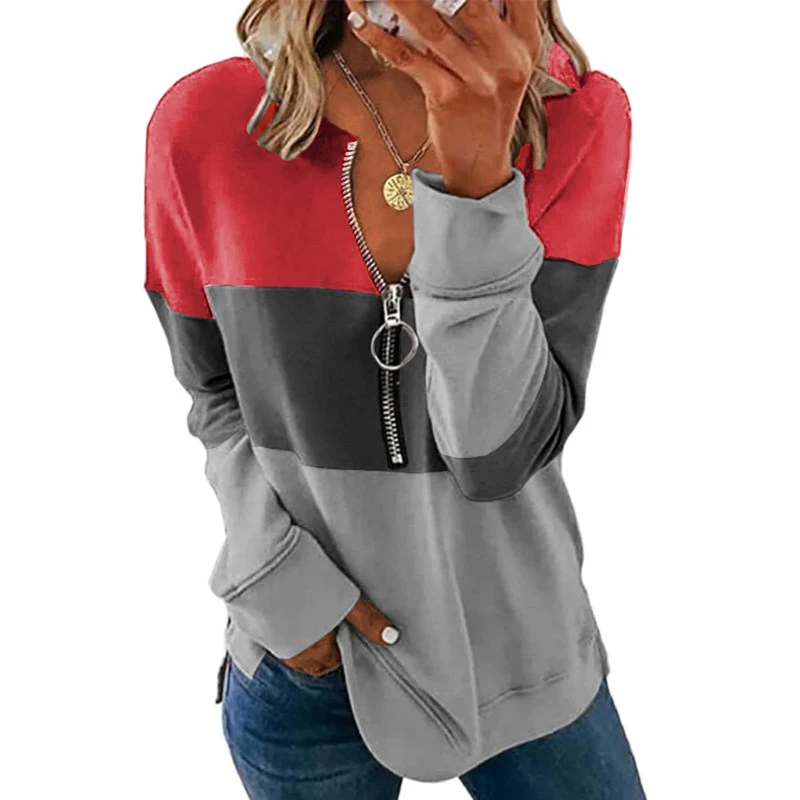 Womens Color Block Sweatshirt Long Sleeve Zipper Loose Pullover Tops Shirts