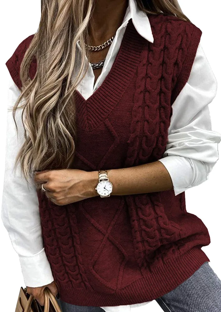 Yousify Women Cable Knit Oversize Sweater Vest V Neck Sleeveless Vintage Loose Sweaters Tops