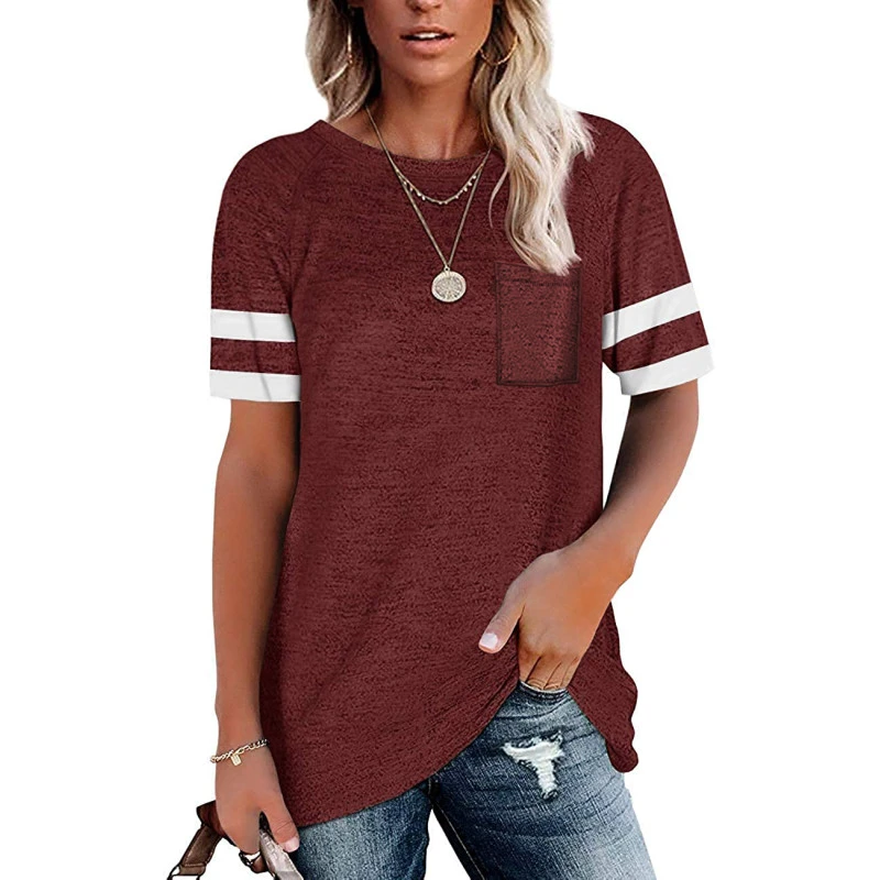 Womens Tunic T Shirts Short Sleeve Round Neck Soft Loose Shirts Summer Casual Tops with Pocket