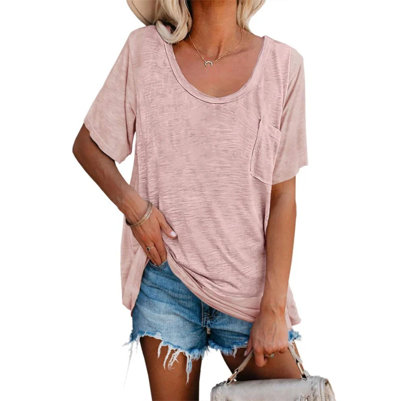 Womens Tunic T Shirts Short Sleeve Round Neck Soft Loose Shirts Summer Casual Tops with Pocket