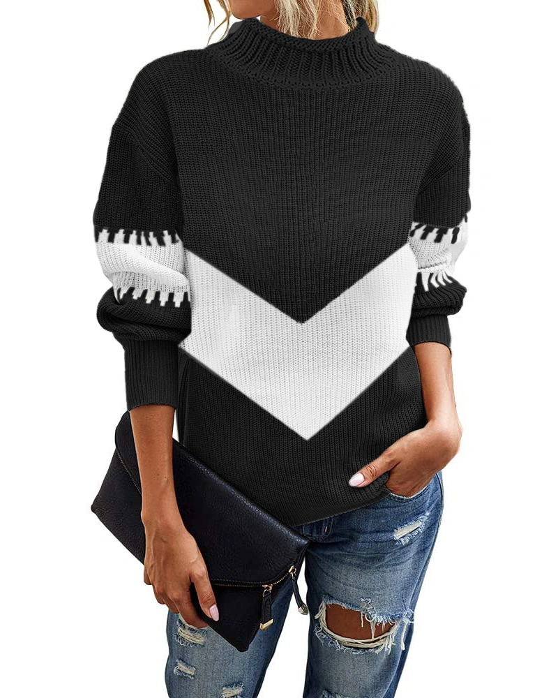 Haloumoning Womens Sweaters Long Sleeve Striped Color Block Turtleneck Pullover Sweater Knit Jumper Tops