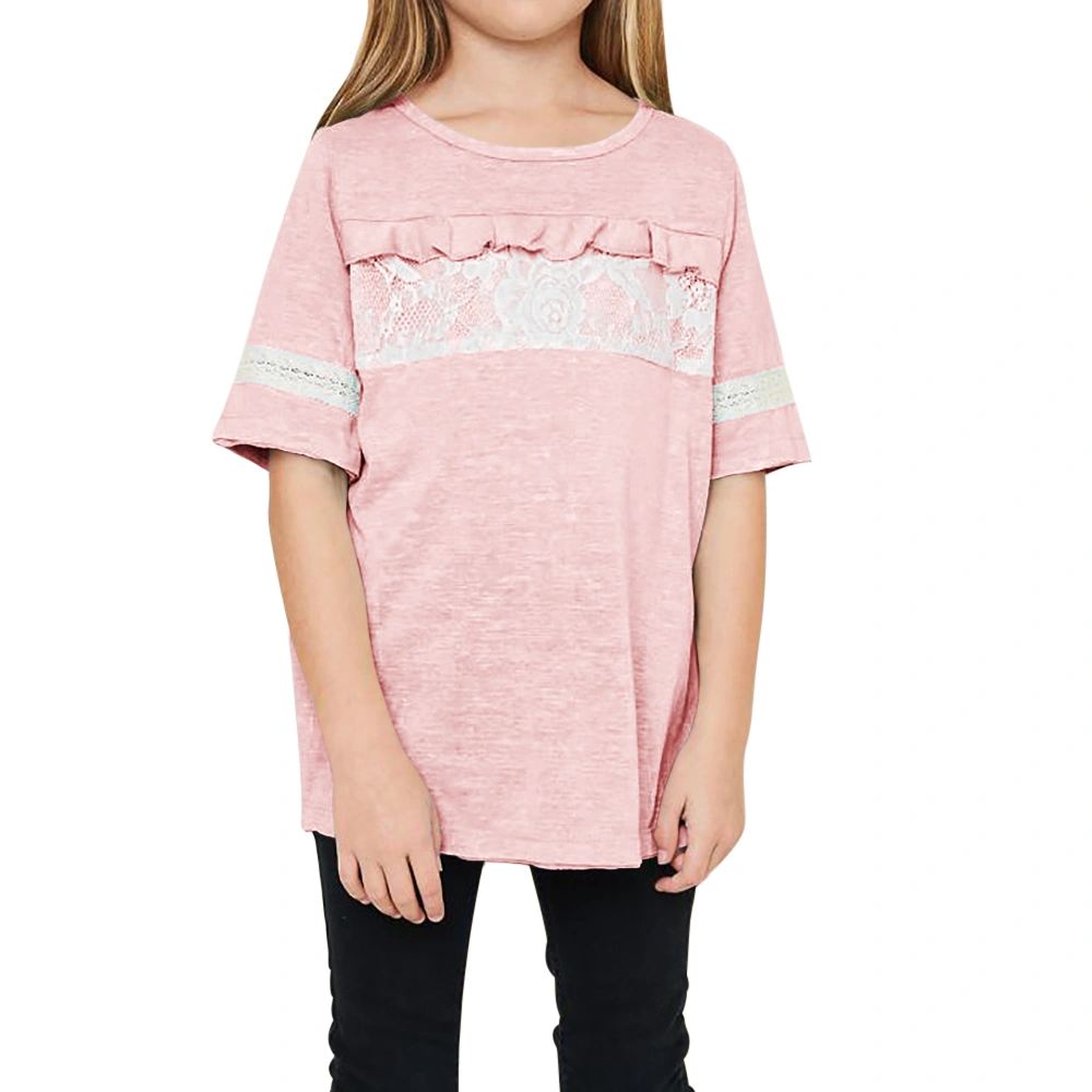 Oftalle Girl's Short Sleeve T Shirts Casual Lace Shirt Kids Loose Tunic Tops 3-10 Years Tee Blouse