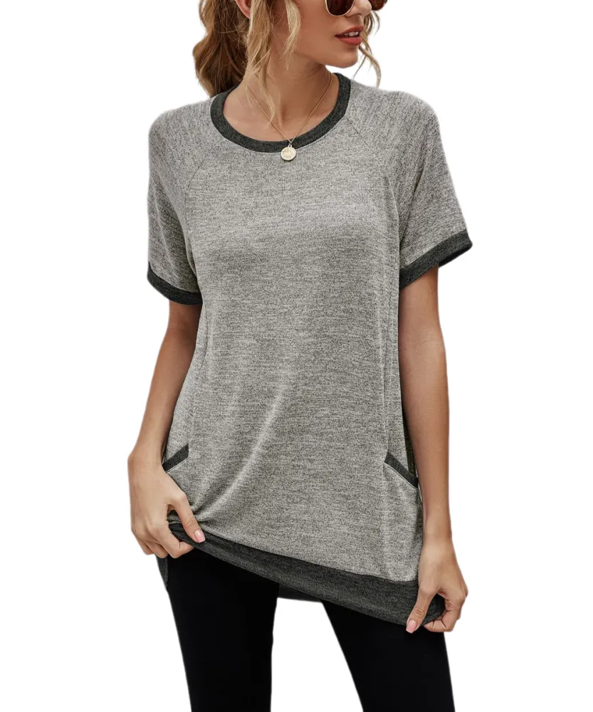 Lveberw Women's Summer Short Sleeve T Shirt Loose Casual Color Block Tunic Top with Sides Pockets Tee Blouse Dark Grey