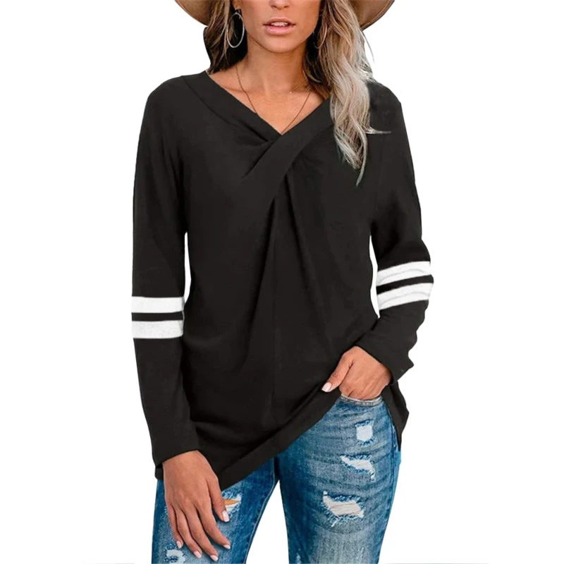 Women's V Neck Tops Color Block Long Sleeve Casual Leggings T-Shirt Soft Skin-Friendly Pullover Sweatshirt