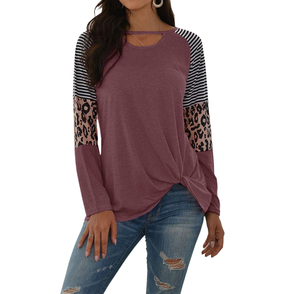 Women's Leopard Splicing Casual Long Sleeve Tunic Blouse Round Neck Pullover T-Shirt Tops