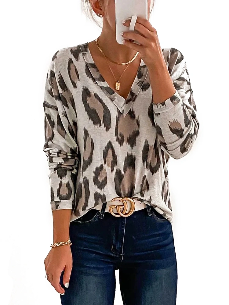 BZB Womens Fashion Leopard Print V Neck Long Sleeve Cotton Tunic Casual Blouses Relaxed Fit Tops