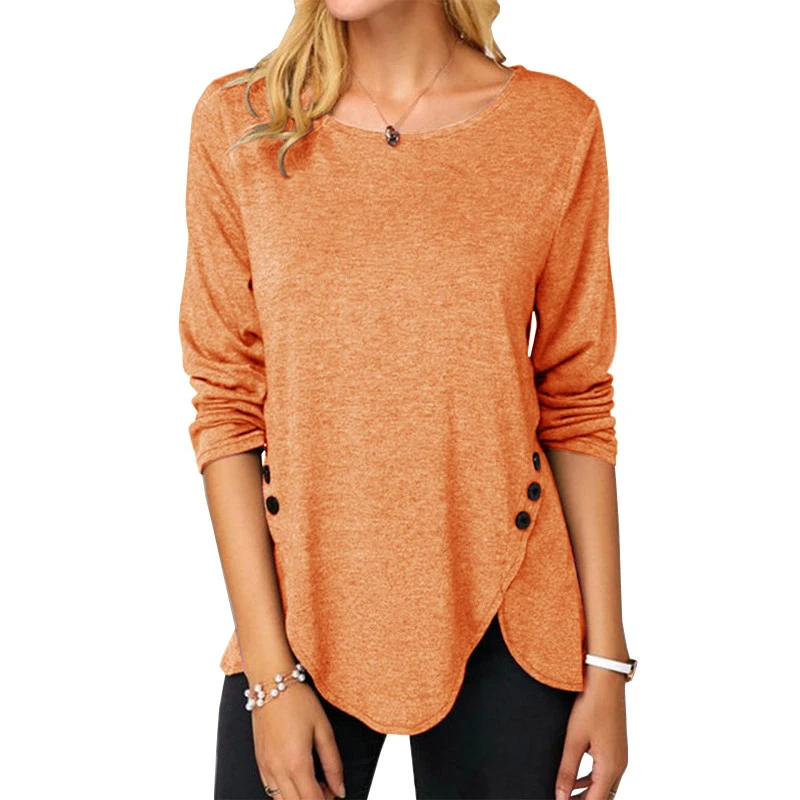 Womens Casual Long Sleeve Tunic Shirts Round Neck Button Side Blouses Tops