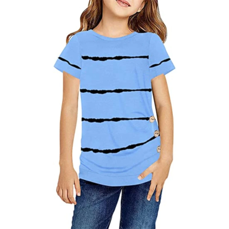 Ebifin Girls Casual Short/Long Sleeve T Shirts Crewneck Tunic Tops Kids Button Striped Tee Blouses Size 4-15