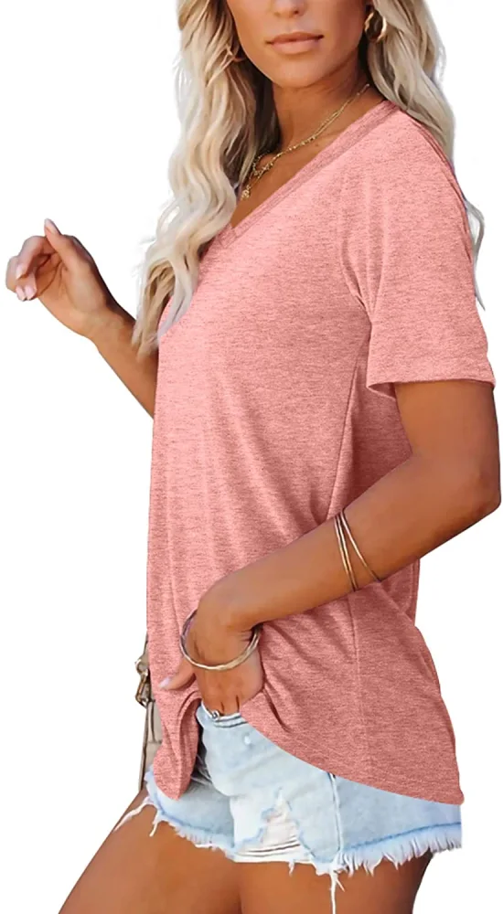 Women's Short Sleeve V Neck T Shirts Loose Fit Soft Basic Tee Casual Tops Grey