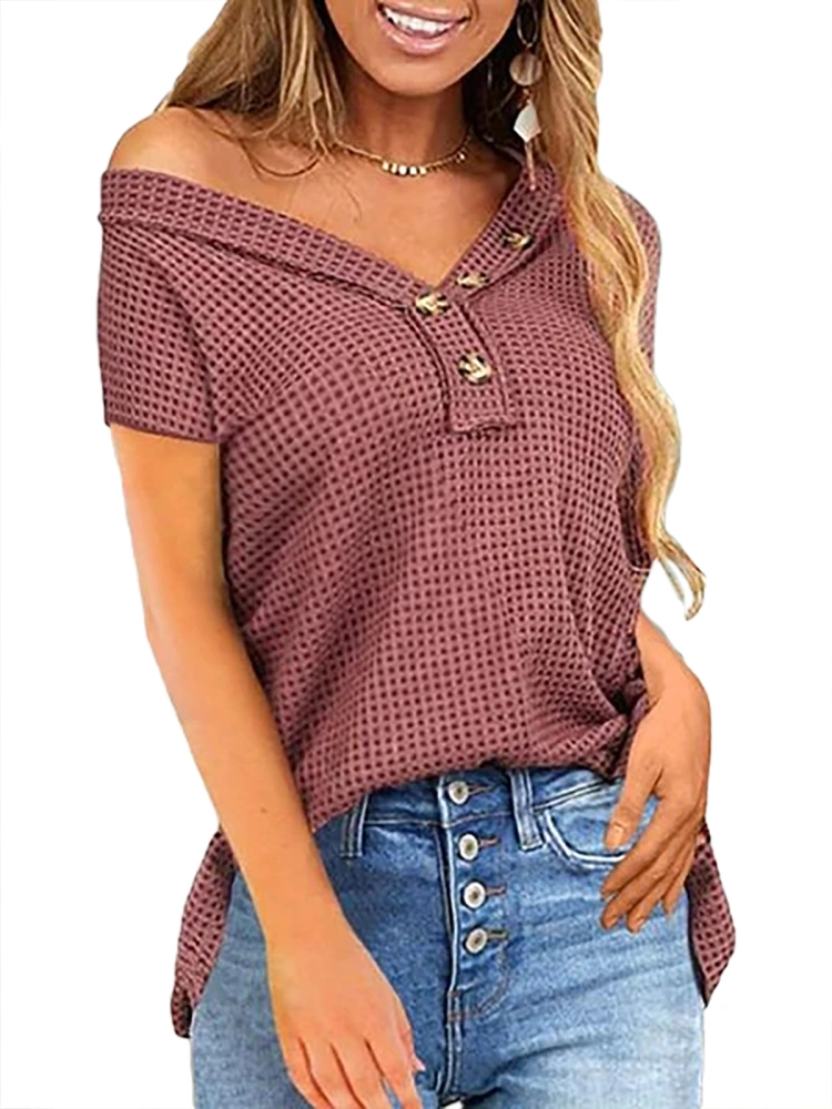 Womens V Neck Waffle Shirts Off Shoulder T-Shirt Button Up Loose Casual Tops