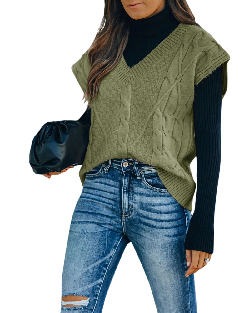 Maroway Womens Sweater Vest Oversized V Neck Sleeveless Sweaters Cable Knit Tops JK Uniform Pullover