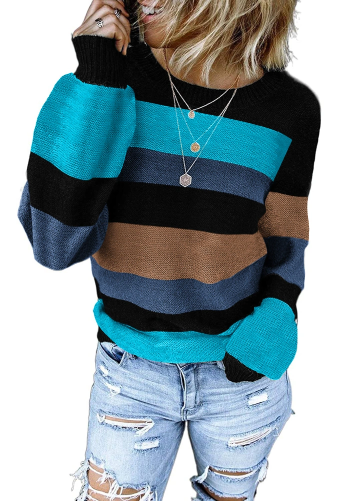 Sweaters for Women Long Sleeve Patchwork Pullover Sweaters Casual Crewneck Color Block Soft Knit Tops