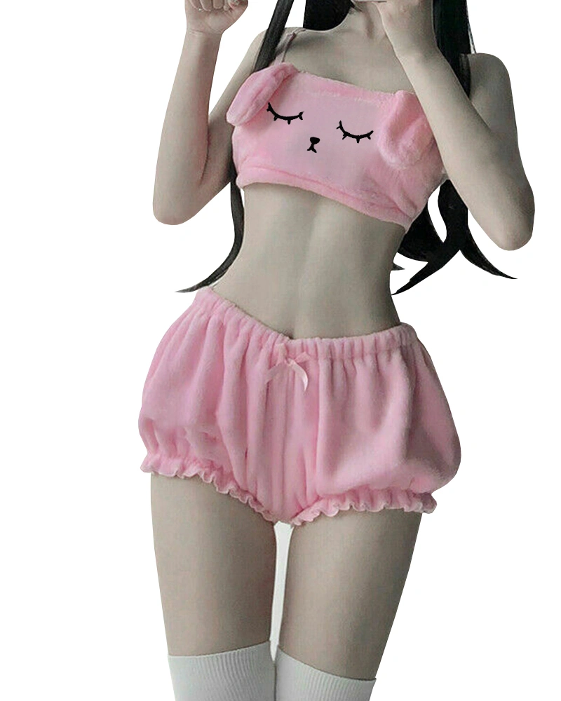 BZB Kawaii Anime Cute Pajamas Set for Women Sweet Lovely Velvet Tube Top and Shorts Sleepwear Suits