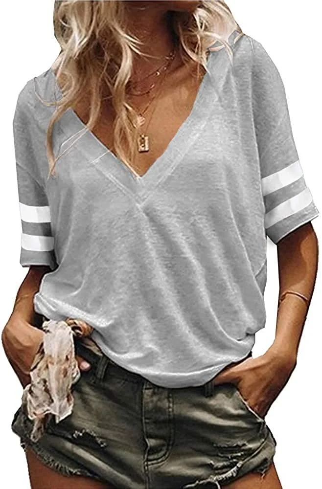 Vdnerjg Women's Deep V Neck Basic T Shirts Short Sleeve Solid Color Summer Casual Loose Cotton Tees Tops