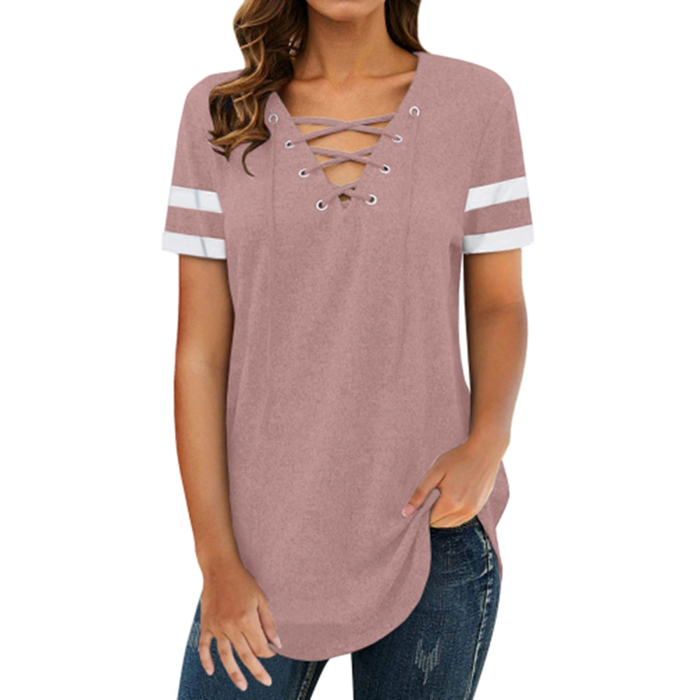 Aoysky Women's V Neck Short Sleeve Striped Colorblock T Shirts Lace Up Tunics Tops Blouses