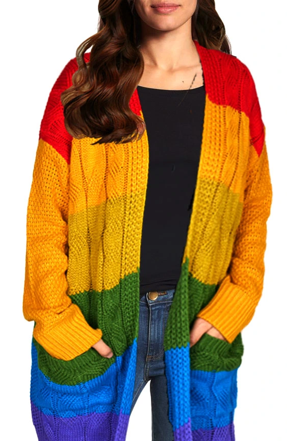 GIBLY Women's Casual Long Sleeve Cardigan Soft Thick Knitting Sweater Rainbow Color Cardigan Coat with Pocket