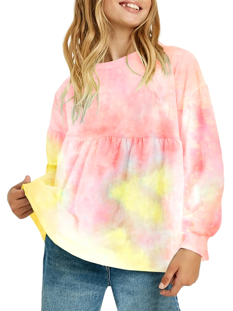 Makkrom Girls Casual Tunic Tops Tie Dye Long Sleeve Loose Soft Blouse T-Shirt for 2-12 Years