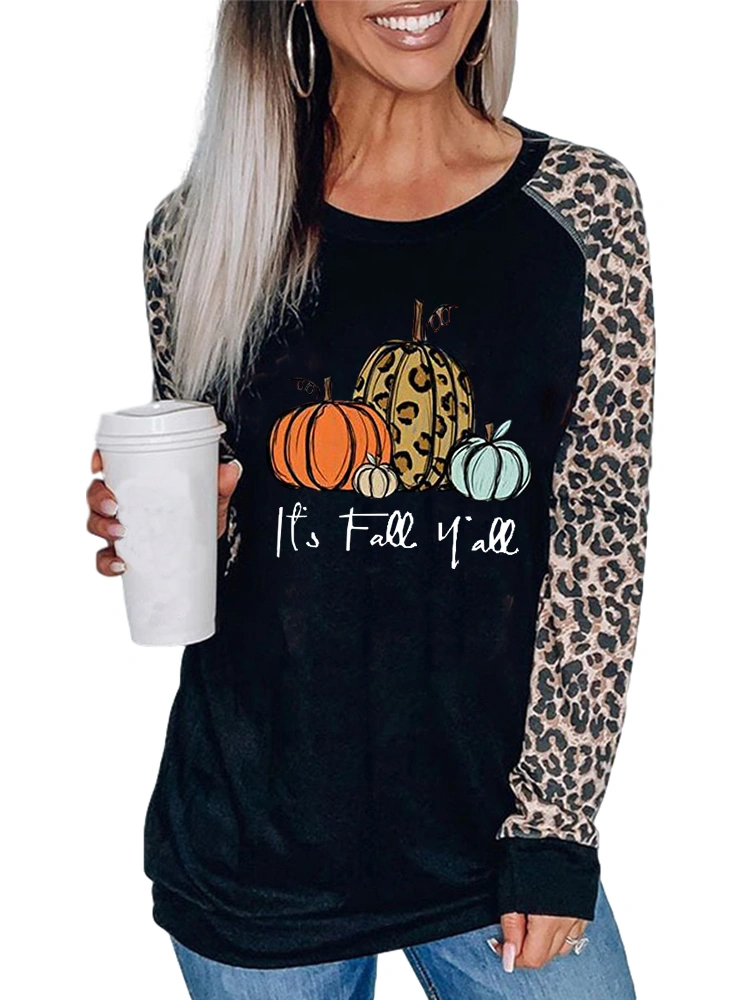 Vdnerjg Women's Thanksgiving Baseball T Shirts Pumpkin Leopard Printed Long Sleeve Casual Tee Tops with Pockets